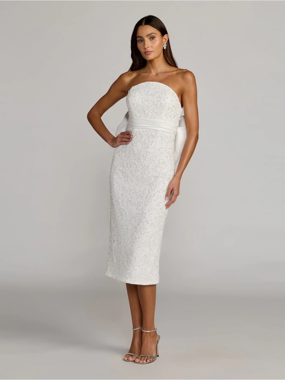 Mac Duggal 56416 Ivory Strapless Beaded Bow Back Midi Dress sz 8